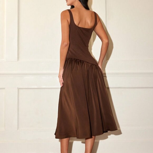 Coffee Patchwork Women's Elegant Sleeveless Graduation Dress - Picture 2 of 5